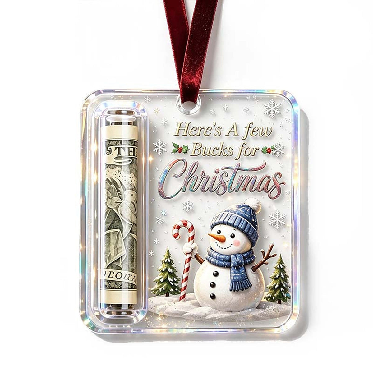 Ornament with a snowman in a blue hat and scarf holding a candy cane, with a rolled note in the side tube. 16