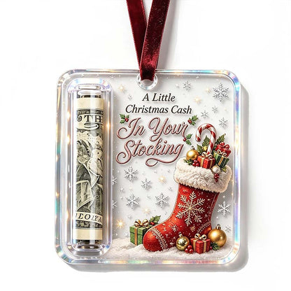 Ornament with a red stocking filled with gifts and a candy cane, with a rolled note in the side tube. 19