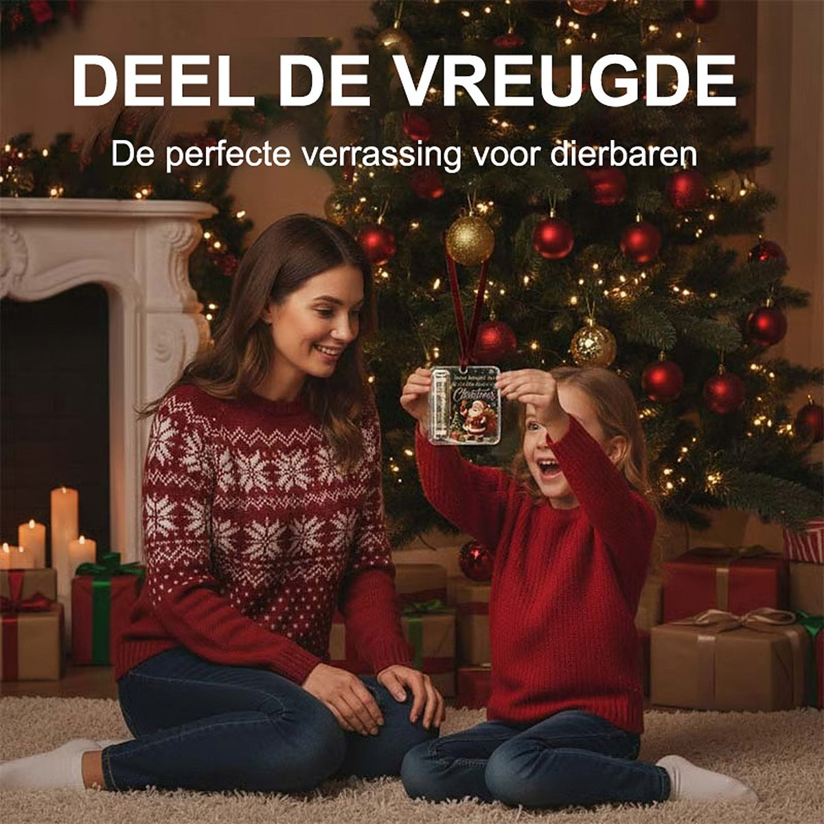 Girl holds up the Santa ornament on its ribbon beside her smiling mother, in front of a decorated tree. 3