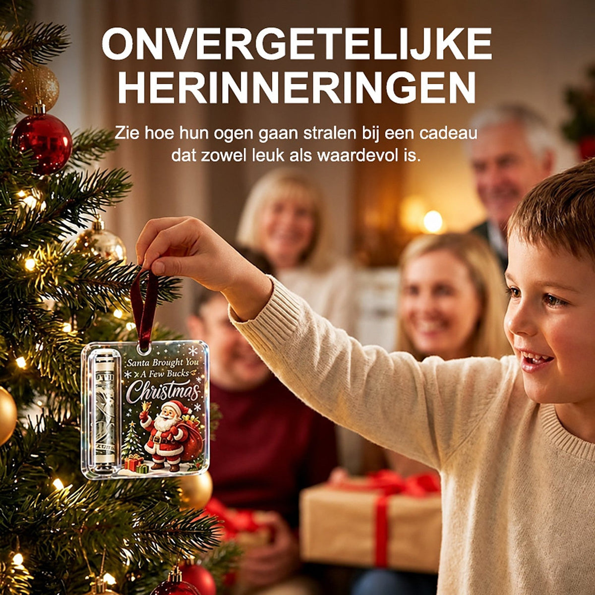 Boy hangs the ornament with its rolled note on a branch while his smiling family watches from behind. 5