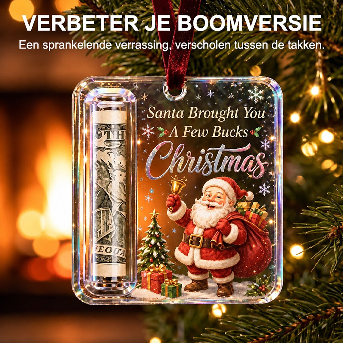 Santa ornament with a rolled note and red velvet ribbon hanging among pine branches and fairy lights. 6