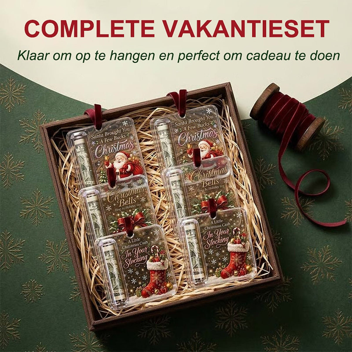 Gift box lined with straw holding six acrylic ornaments in three designs, each with a rolled note, beside a ribbon spool. 7