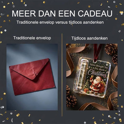 Comparison of a plain red envelope with the Santa ornament holding a rolled note, surrounded by ribbon and pine cones. 9