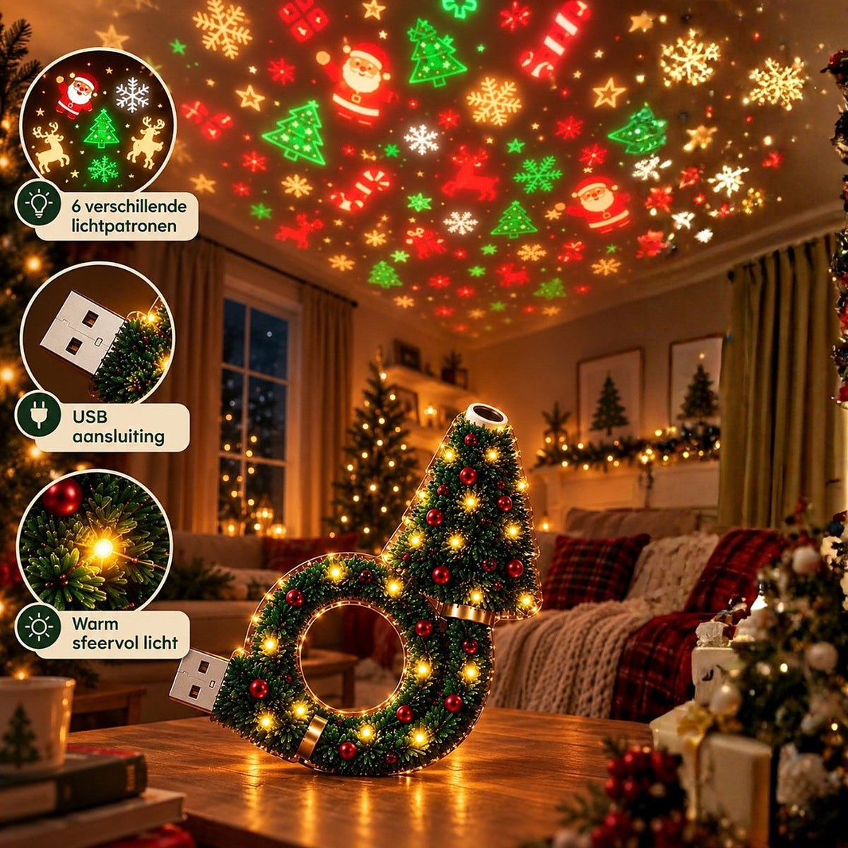 Lamp glowing on a coffee table in a festive living room, with Christmas symbols projected onto the ceiling and small detail circles. 2