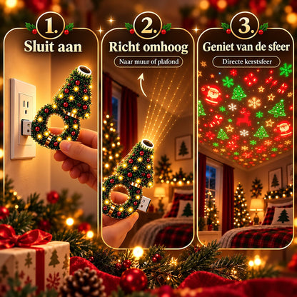 Three-step usage collage: the lamp plugged into a wall socket, tilted upwards, then Christmas patterns projected across the ceiling. 3