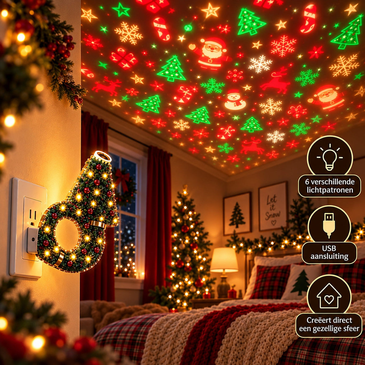 Lamp plugged into a wall socket in a decorated bedroom, casting red and green Santas, trees and snowflakes across the ceiling. 4