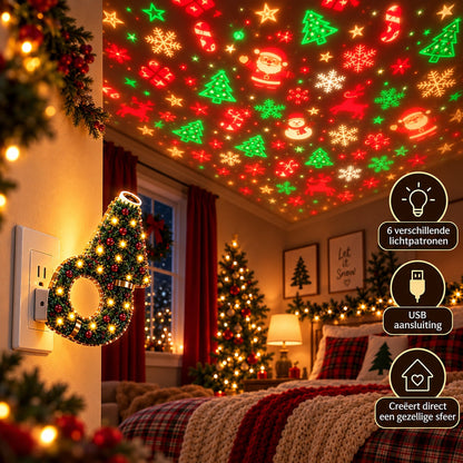 Lamp plugged into a wall socket in a decorated bedroom, casting red and green Santas, trees and snowflakes across the ceiling. 4