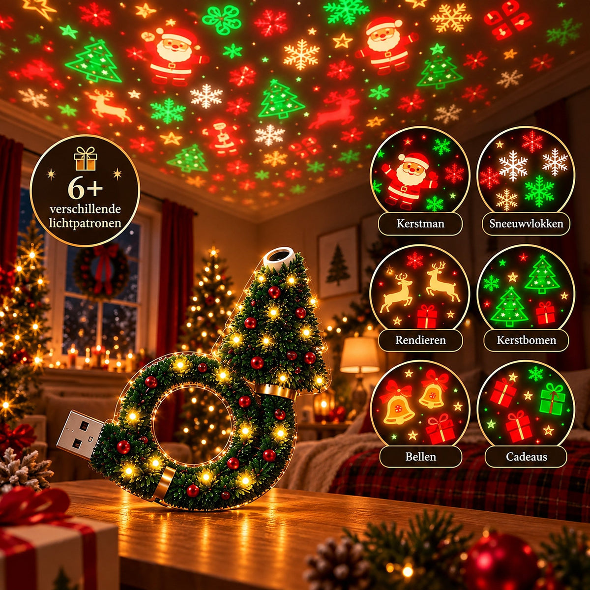 Lamp standing on a wooden table beneath a ceiling of projected patterns, with six small circles showing the different light designs. 5
