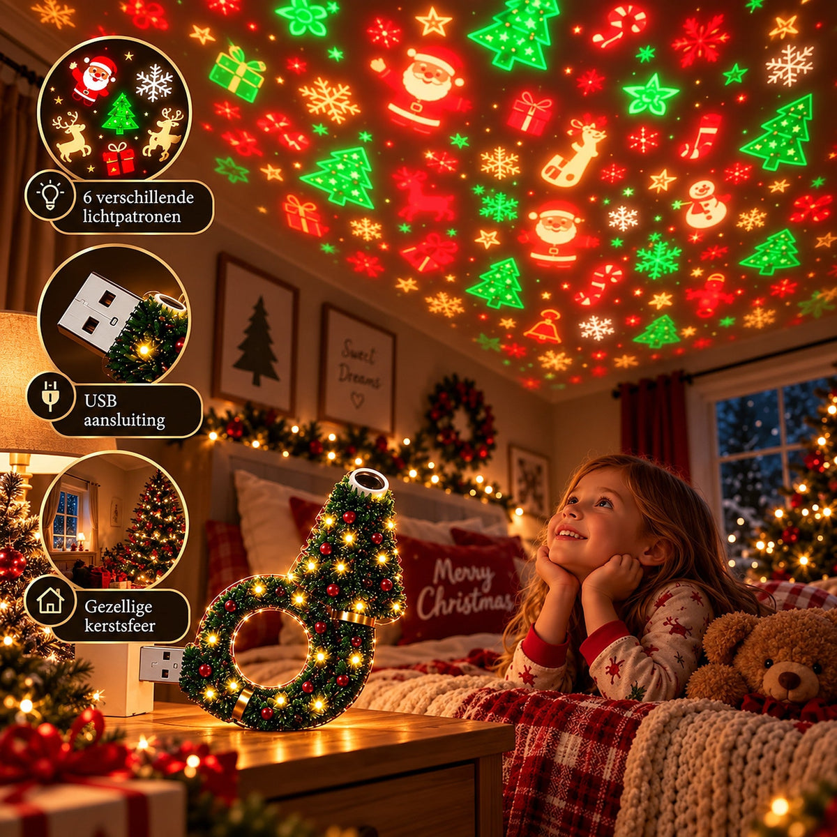 Smiling girl in Christmas pyjamas lying on a bed, gazing up at festive patterns projected by the lamp on her bedside table. 6
