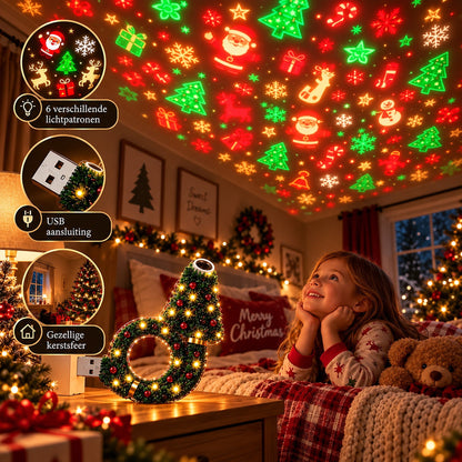 Smiling girl in Christmas pyjamas lying on a bed, gazing up at festive patterns projected by the lamp on her bedside table. 6