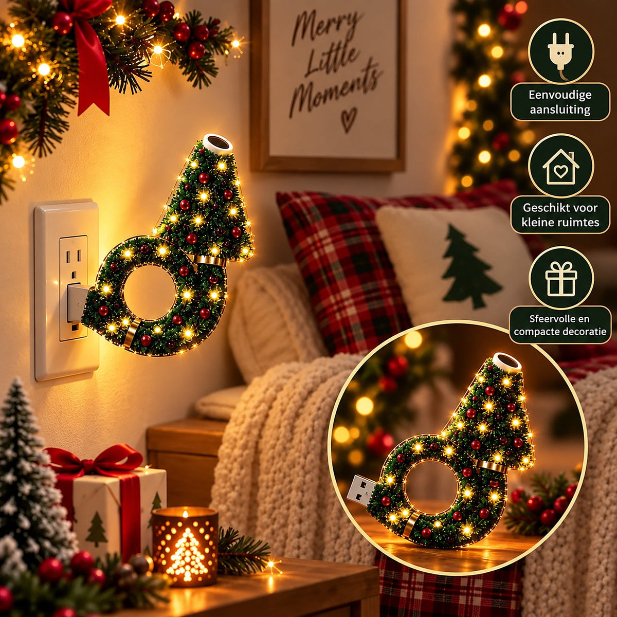 Lamp plugged into a wall socket beside a cosy sofa, with an inset showing it standing on a table and feature icons. 7
