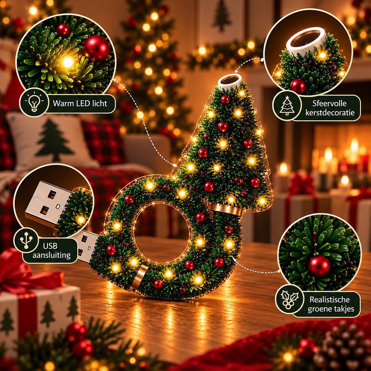 Close-up collage of the lamp's details: warm LED lights, the projector lens at the tree top, the USB plug and green needle texture. 8