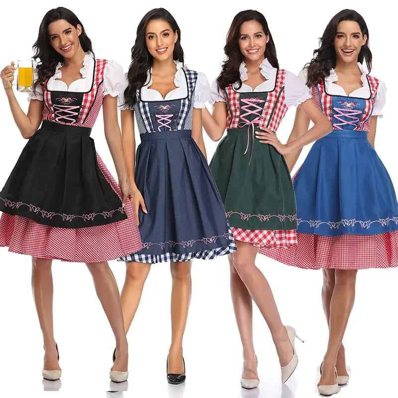 Four models side by side showing the dirndl colour options: black, navy, green and blue aprons over red or navy gingham dresses. 10