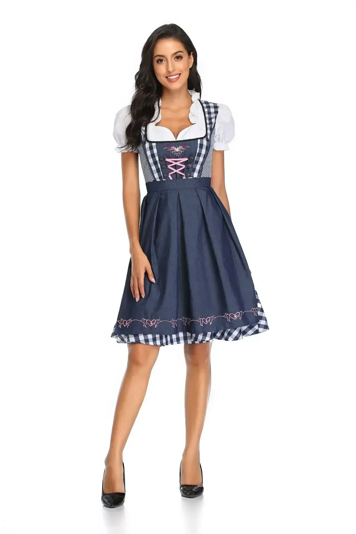 Front view of the navy and white gingham dirndl with a pink-laced bodice and a navy apron embroidered with pink hearts. 3
