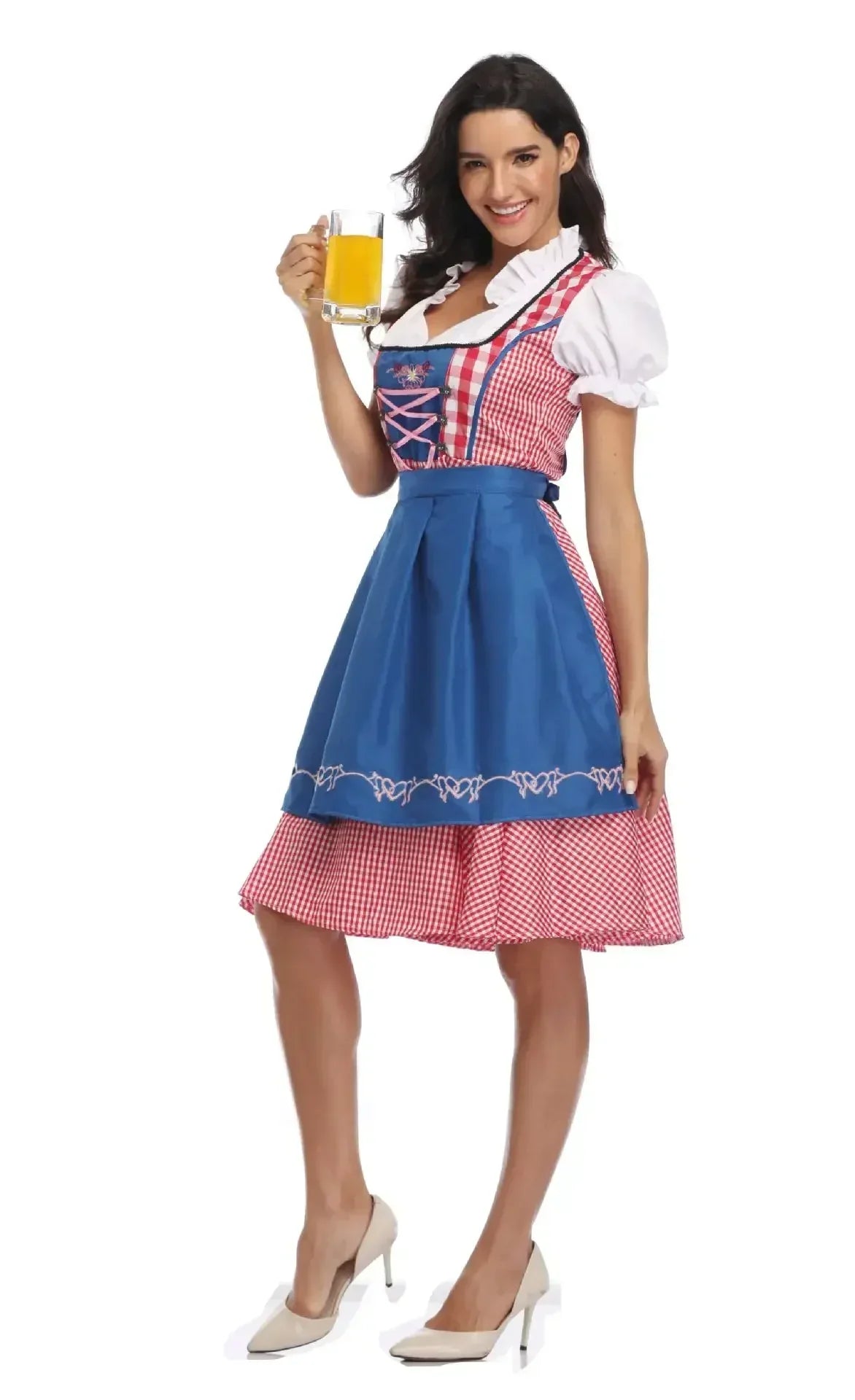 Side view of a smiling model holding a beer glass, wearing the red gingham dirndl with a bright blue embroidered apron. 5