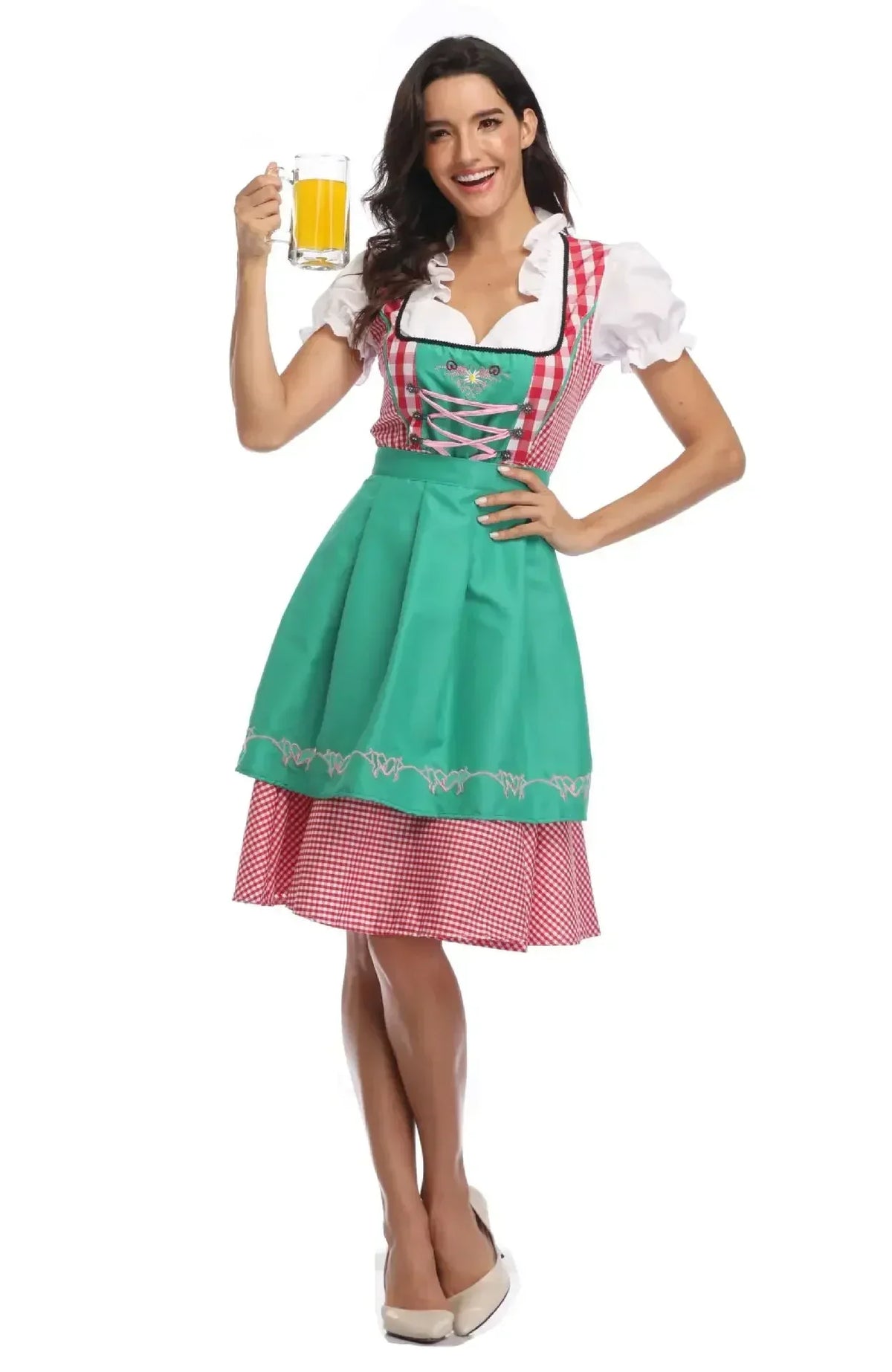 Model raising a beer mug in the red gingham dirndl with a green bodice panel, pink lacing and a green embroidered apron. 8