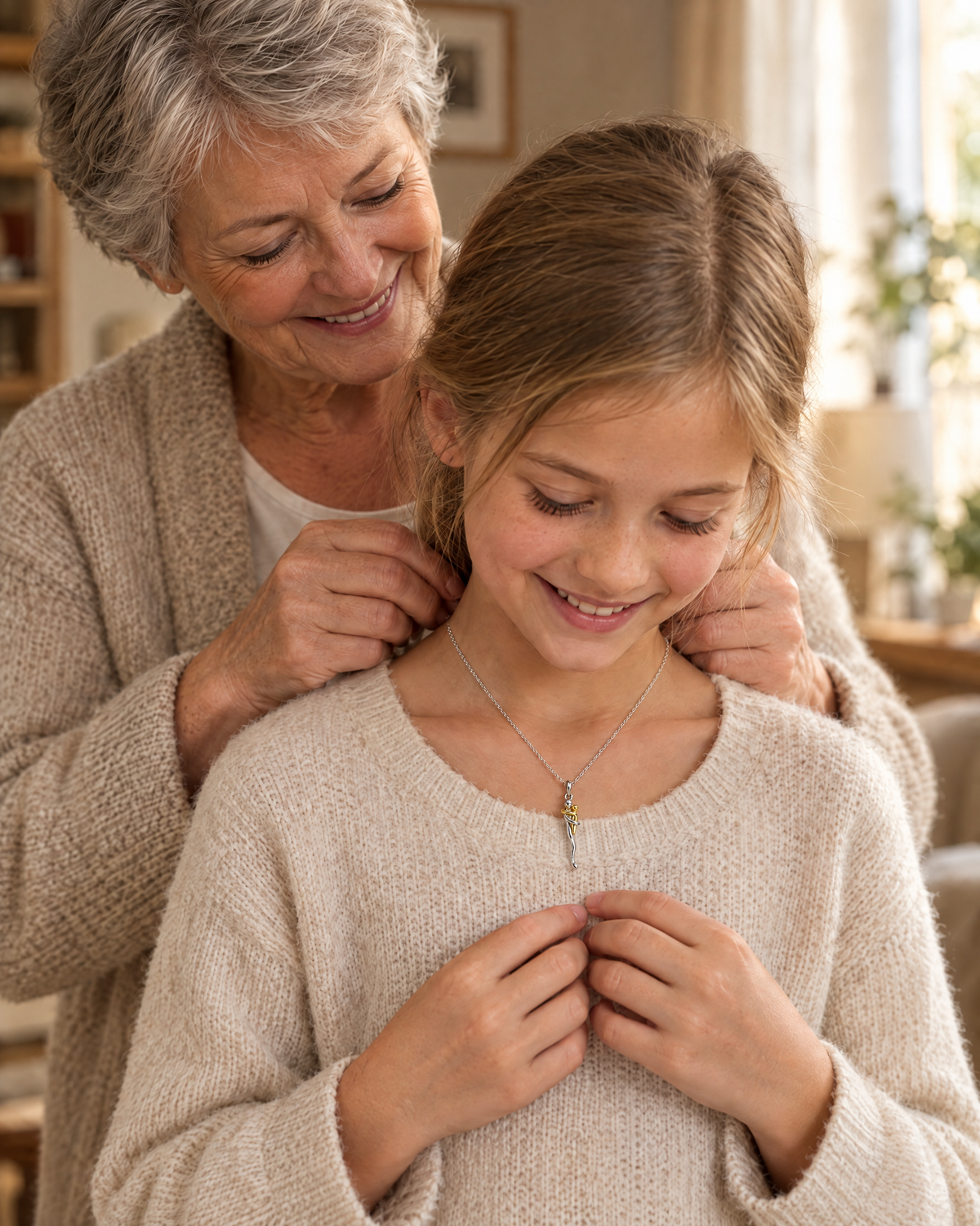 Grandmother fastening the necklace around a smiling young girl's neck, both wearing soft knitted cream tops indoors. 4