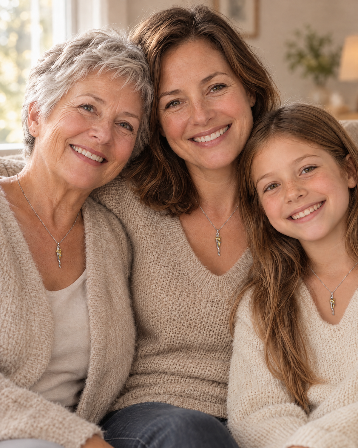 Grandmother, mother and daughter sitting close together on a sofa, each wearing the hug pendant necklace and smiling. 5