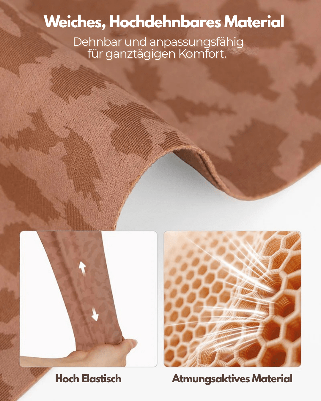 Close-up of the soft, stretchy leopard-print fabric, with a hand stretching a strip and a honeycomb texture detail. 2