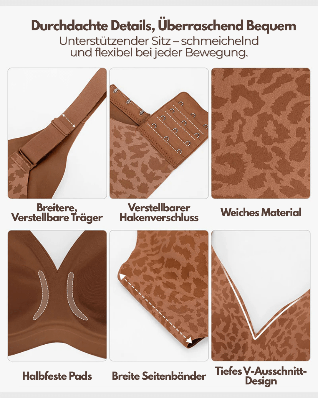 Collage of six construction details: wide adjustable strap, hook fastening, soft fabric, semi-fixed pads, wide side bands and deep V neckline. 4