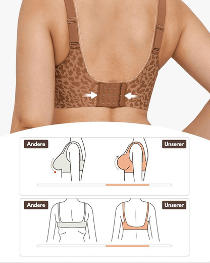 Back view of the bra in leopard print showing the wide adjustable straps and hook fastening, with comparison diagrams of fit. 3
