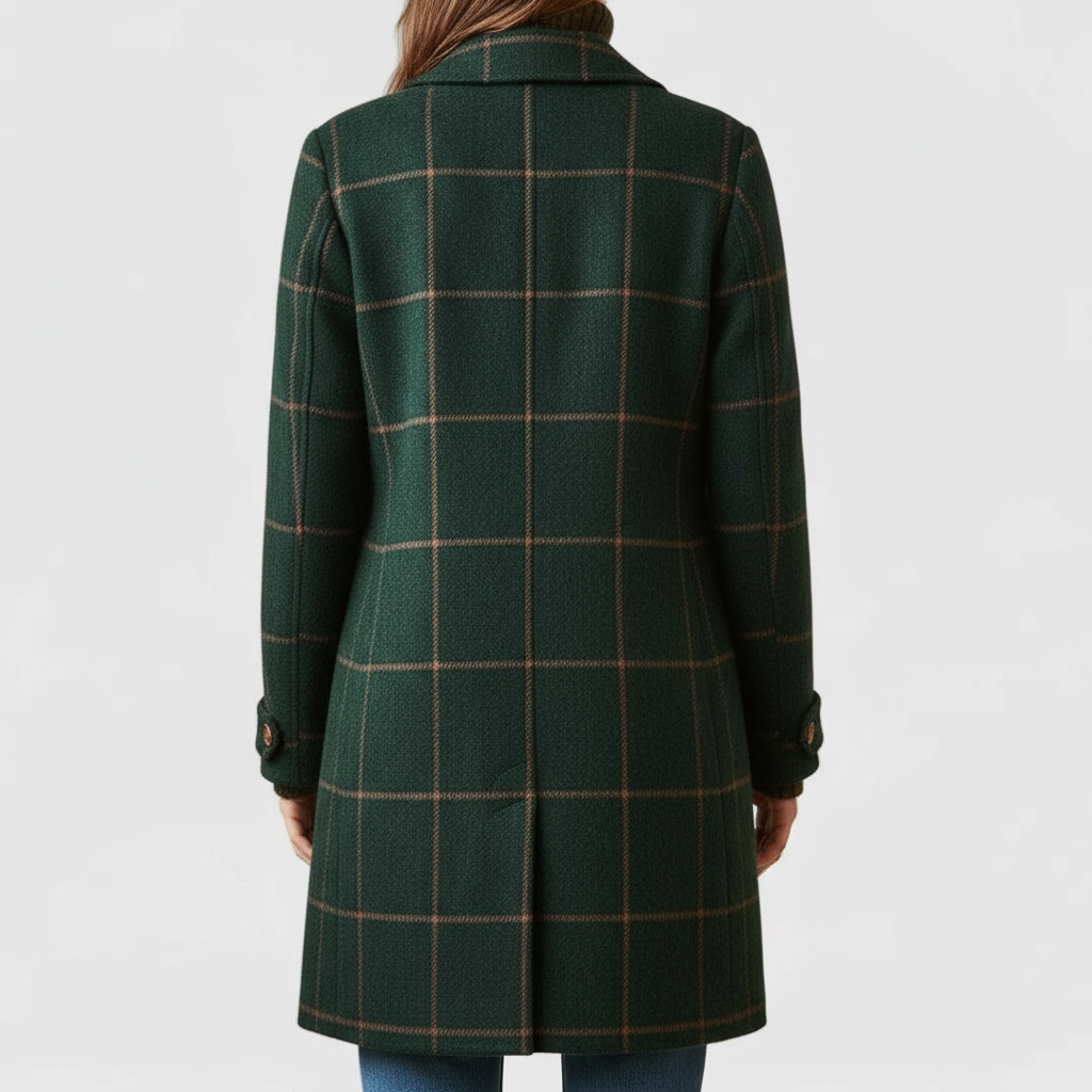 Back view of the green coat showing the orange window-pane check, centre vent and buttoned cuff tabs on the sleeves. 2