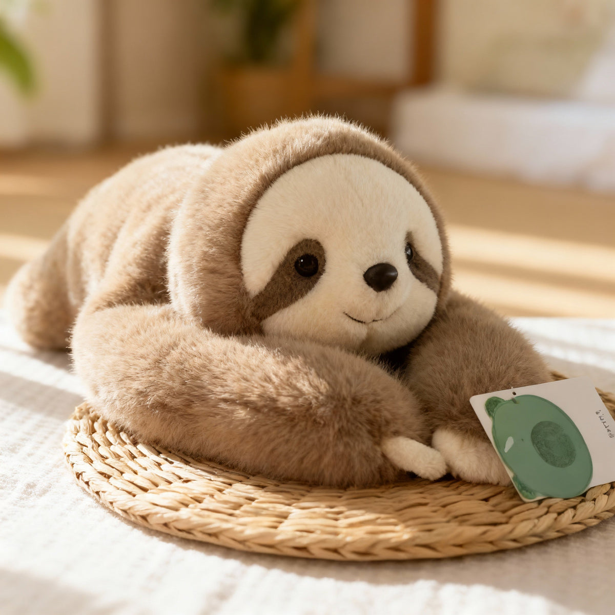 Brown and cream sloth plush lying on a woven straw mat, long arms curled in front, with a small green hang tag. 12