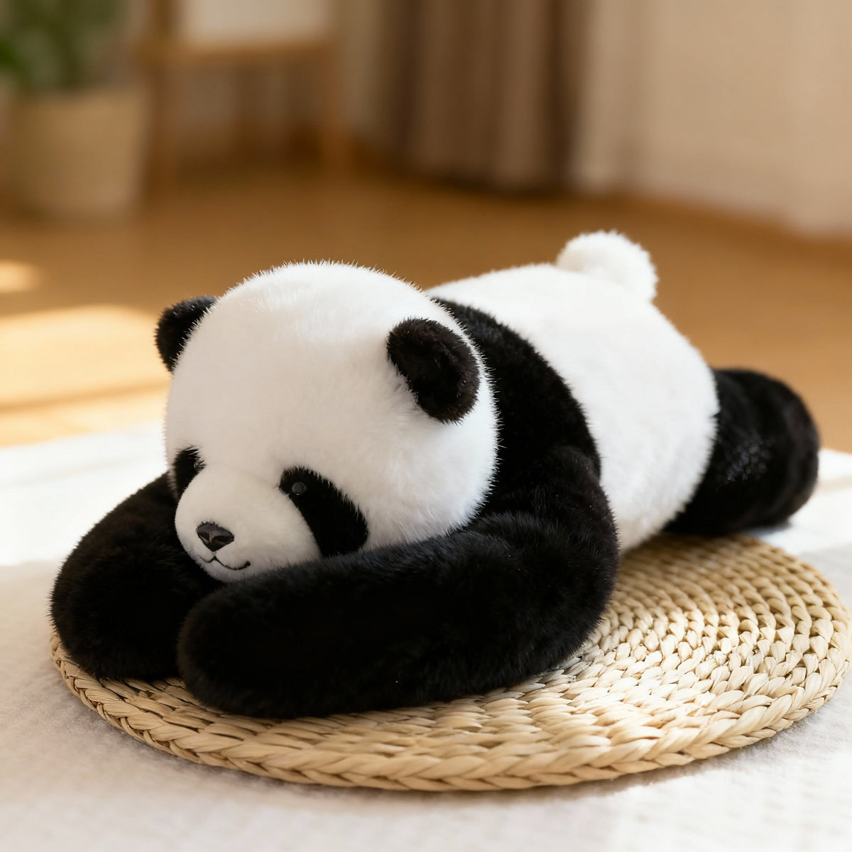 Black and white panda plush lying on its tummy on a woven straw mat, long soft arms curled around its head. 1