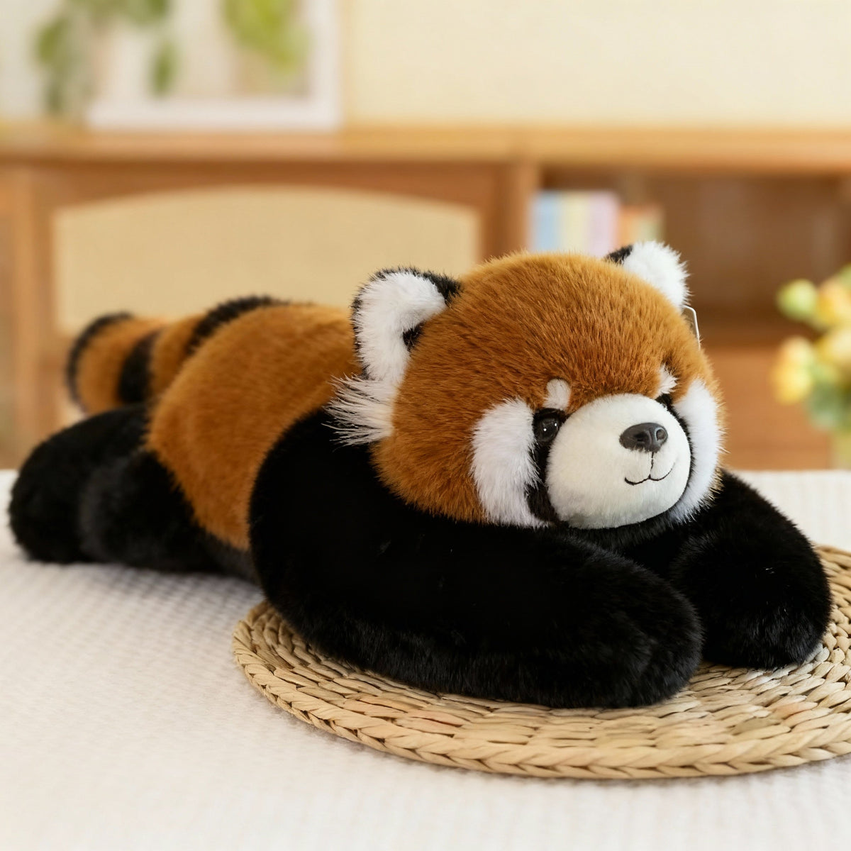 Red panda plush with russet fur, white face markings and a striped tail, lying on a woven mat with long black arms. 13