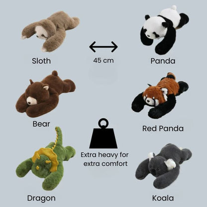 Overview of six animal plush designs lying down: sloth, panda, bear, red panda, dragon and koala, with a 45 cm size marker. 8