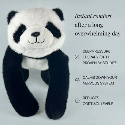 Panda plush facing the camera with its long black arms hanging down, shown against a pale blue background. 4