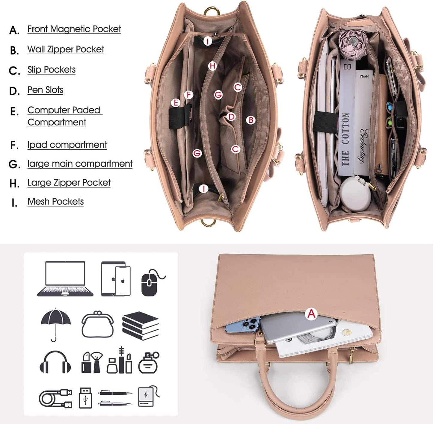 Waterproof PU leather laptop bag with multifunctional design for women
