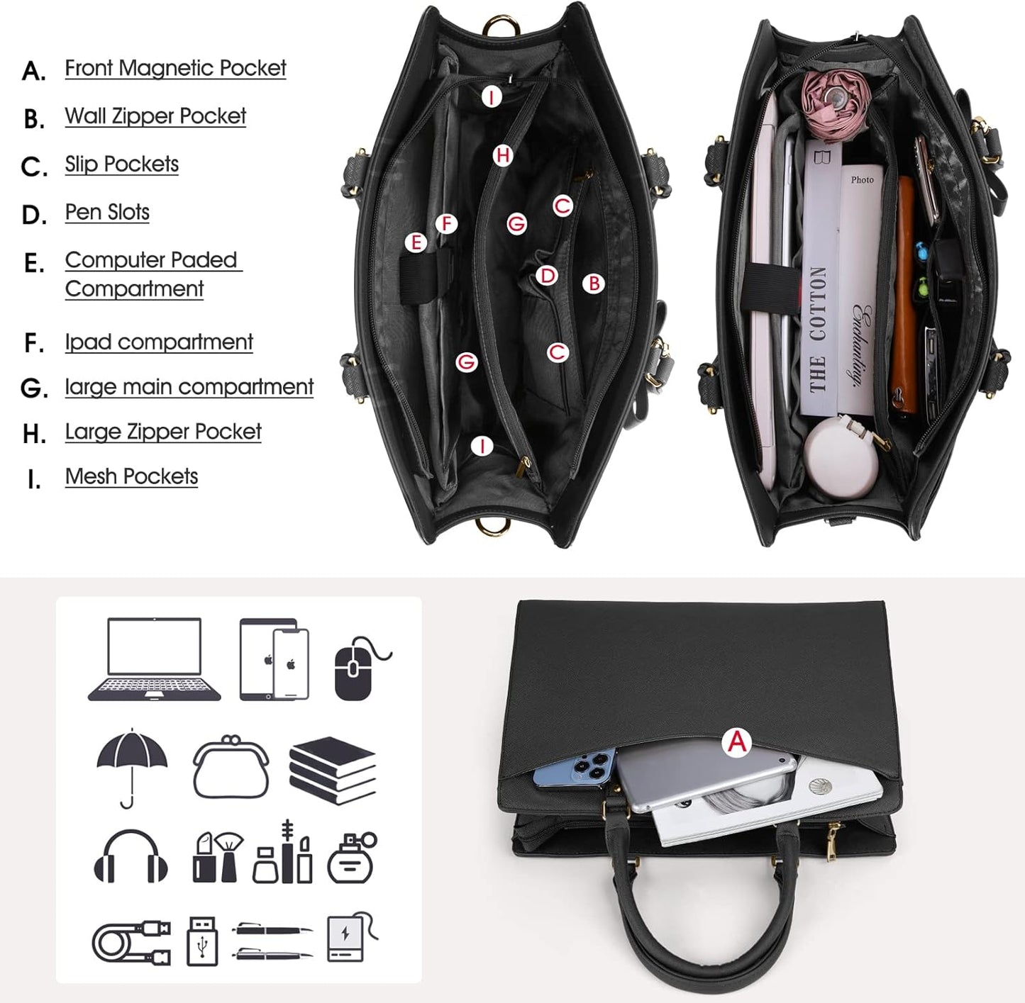 Waterproof PU leather laptop bag with multifunctional design for women