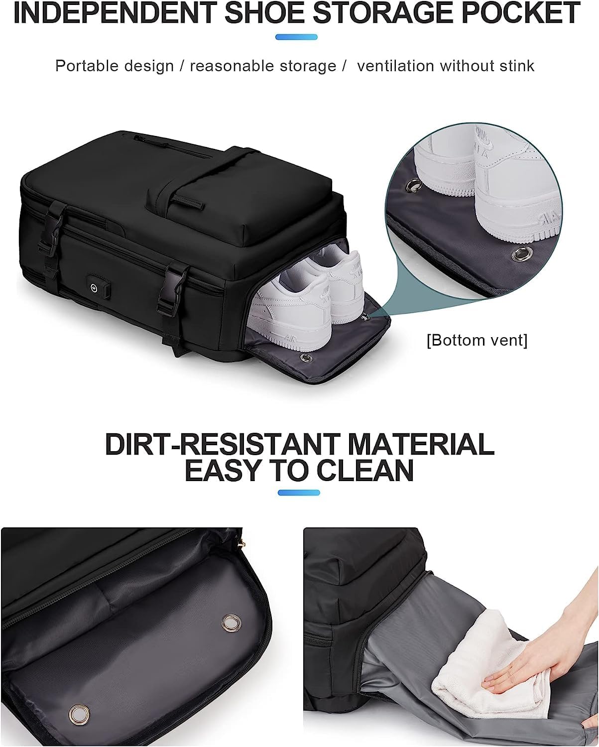 Waterproof travel rucksack with shoe compartment and USB port – suitable for 14-inch laptop