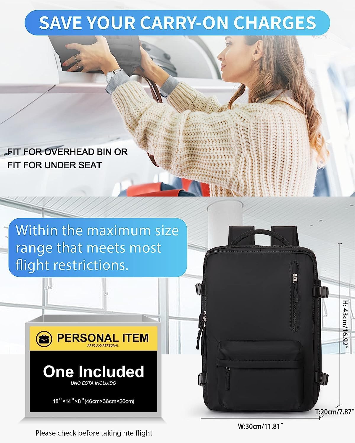 40 L waterproof travel rucksack with shoe compartment and USB port – suitable for 14-inch laptops