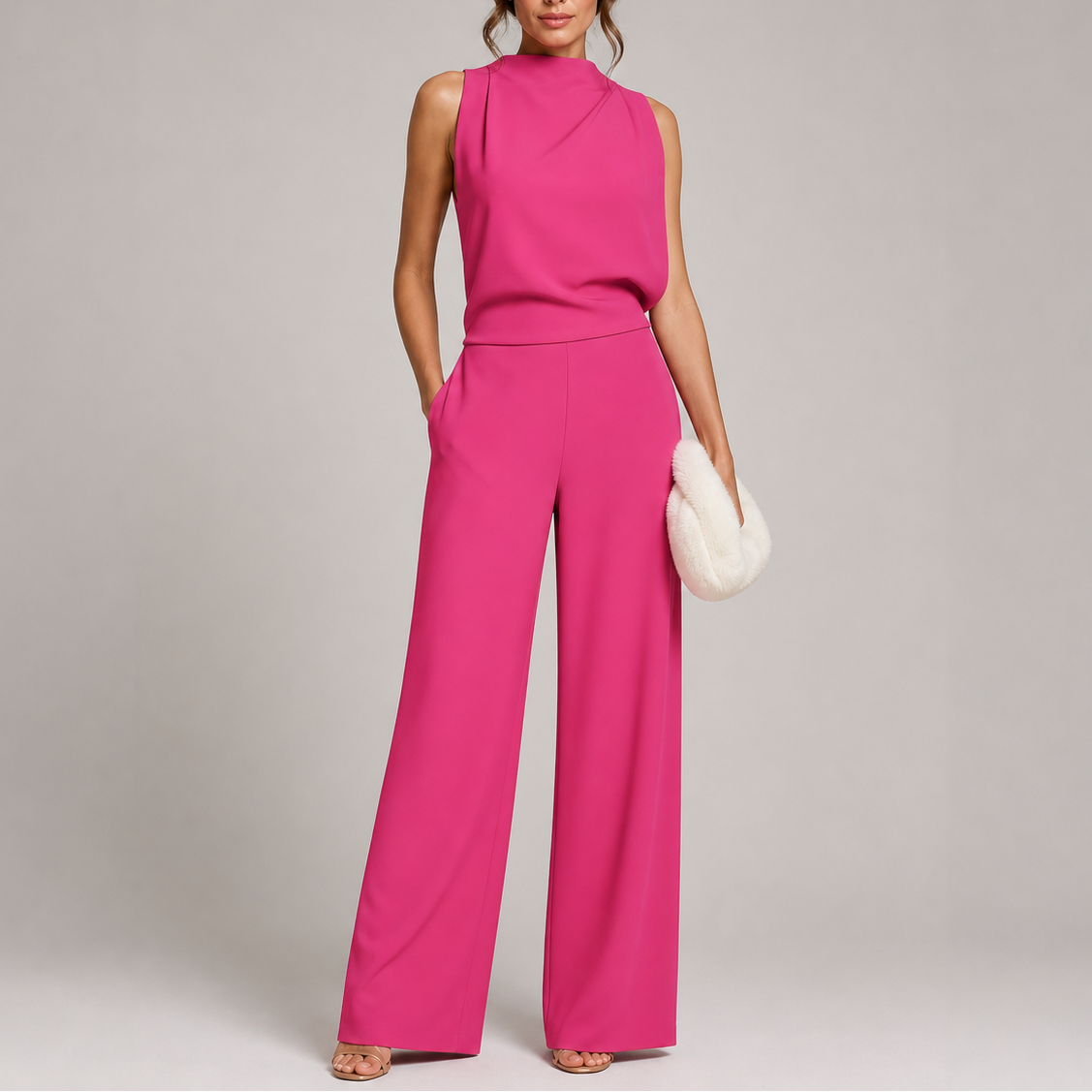 Model wearing the jumpsuit in bright pink with a pleated high neck and nude sandals 4
