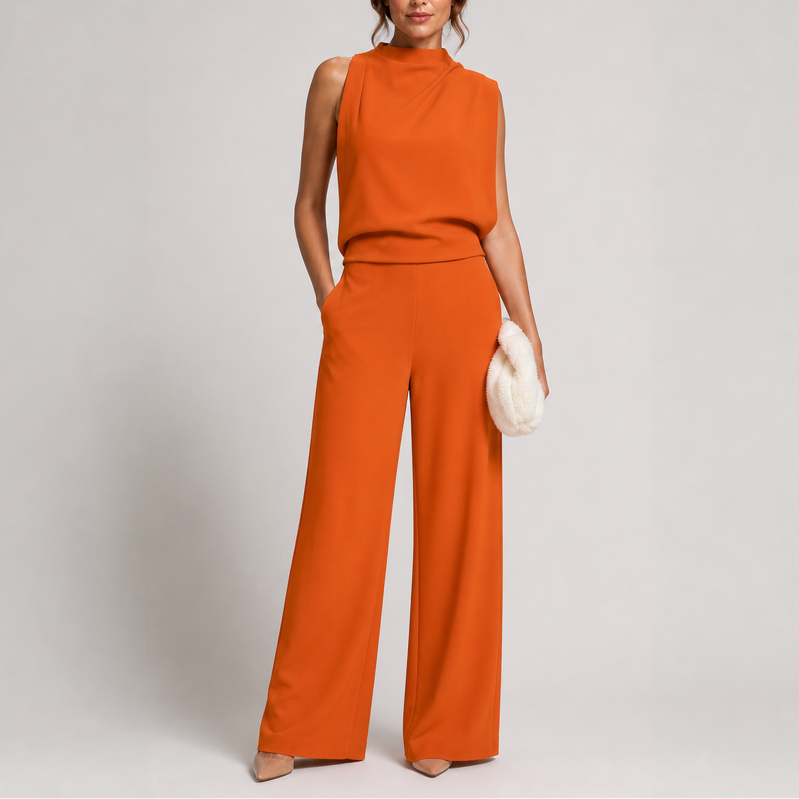 Model wearing the jumpsuit in burnt orange with a draped sleeveless top and nude pointed heels 5