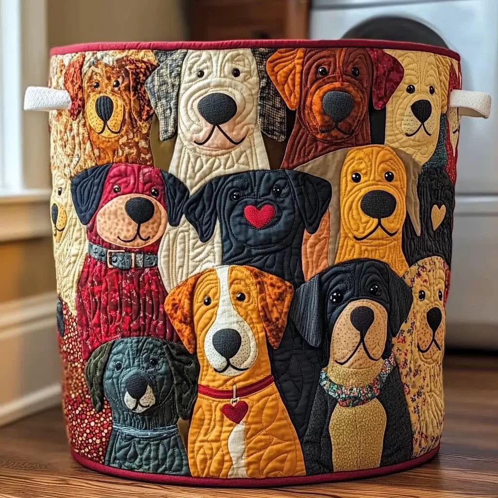 Round quilted basket covered in patchwork dog faces, with a red trim and cream fabric handles, standing on a wooden floor. 1