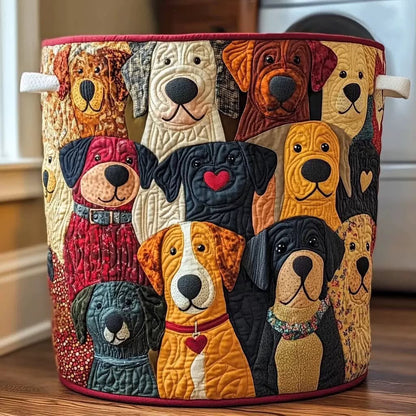 Round quilted basket covered in patchwork dog faces, with a red trim and cream fabric handles, standing on a wooden floor. 1