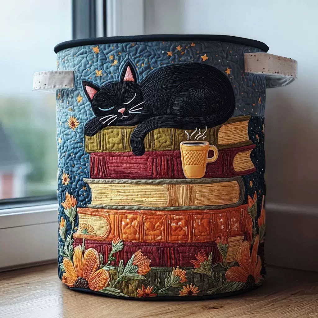 Round quilted basket with cream handles on a windowsill, showing a sleeping black cat on a stack of books beside a steaming mug. 1