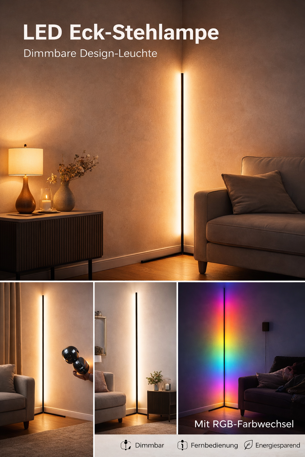 Promotional collage of the lamp in warm white and rainbow colour modes, with a hand holding a remote and feature icons. 12