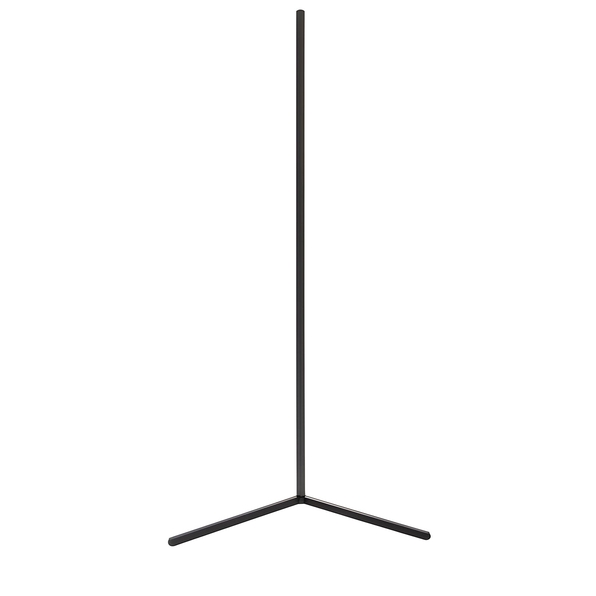 Slim black corner floor lamp with a tall upright pole and two short angled feet, shown unlit on white. 1