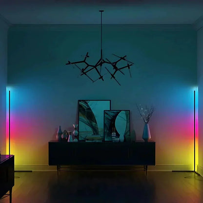 Two lamps on either side of a dark sideboard washing the walls with blue, pink and yellow colour gradients. 4