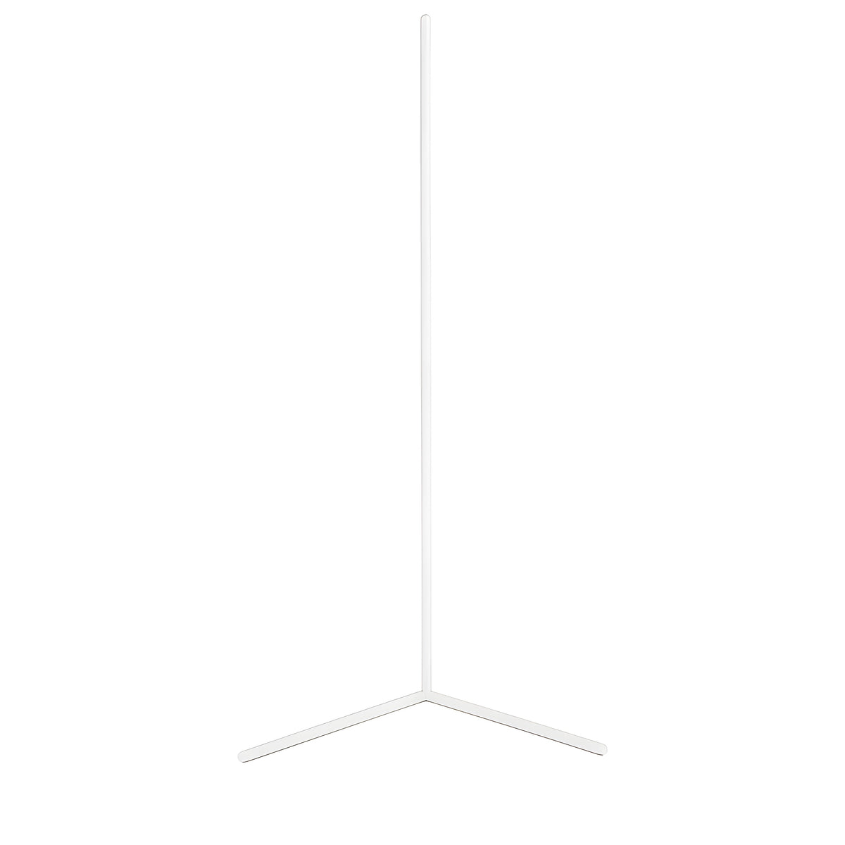 Slim white corner floor lamp with an upright pole and two angled feet, unlit, on a plain white background. 8