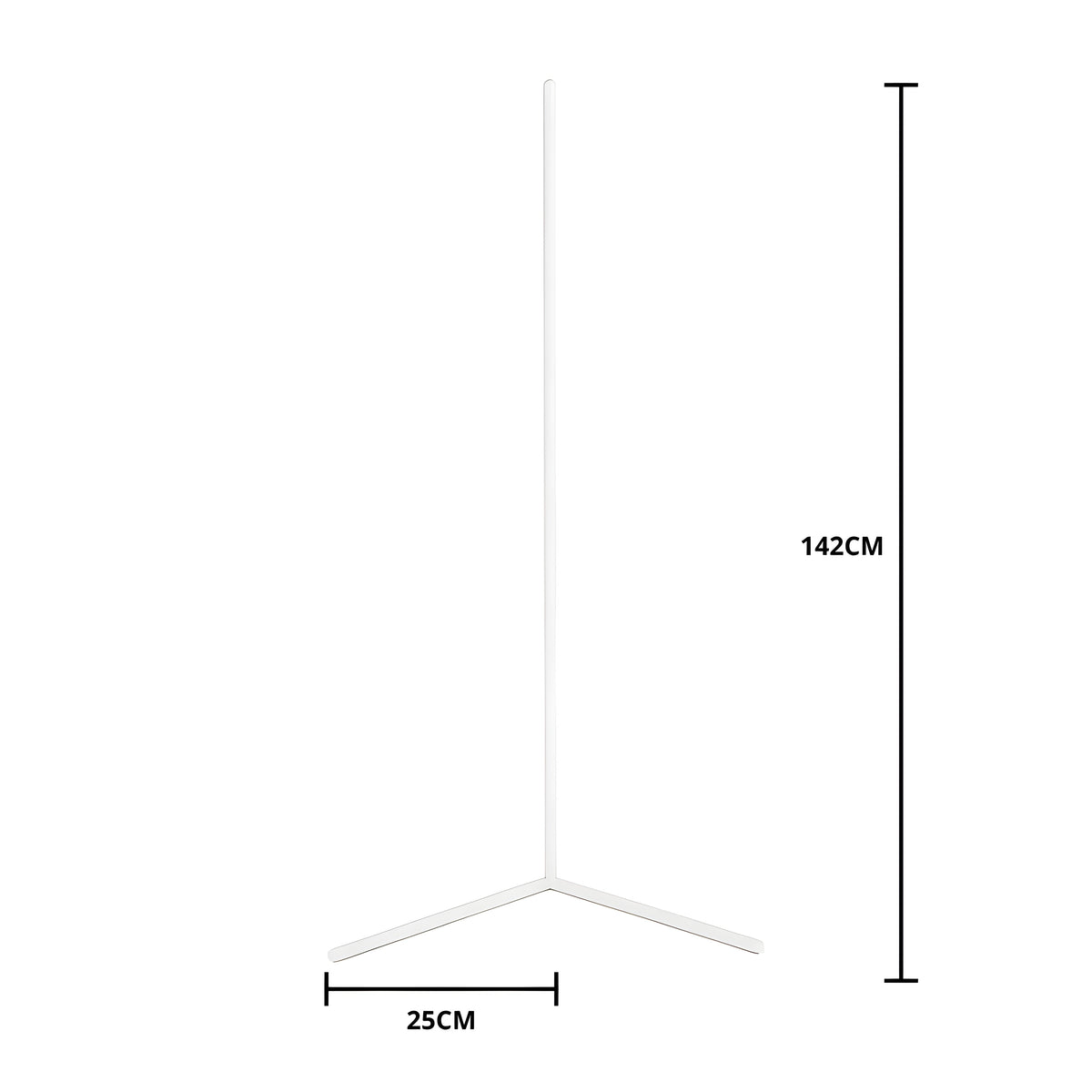 White corner floor lamp on a plain background with lines marking its height of 142 cm and foot length of 25 cm. 10