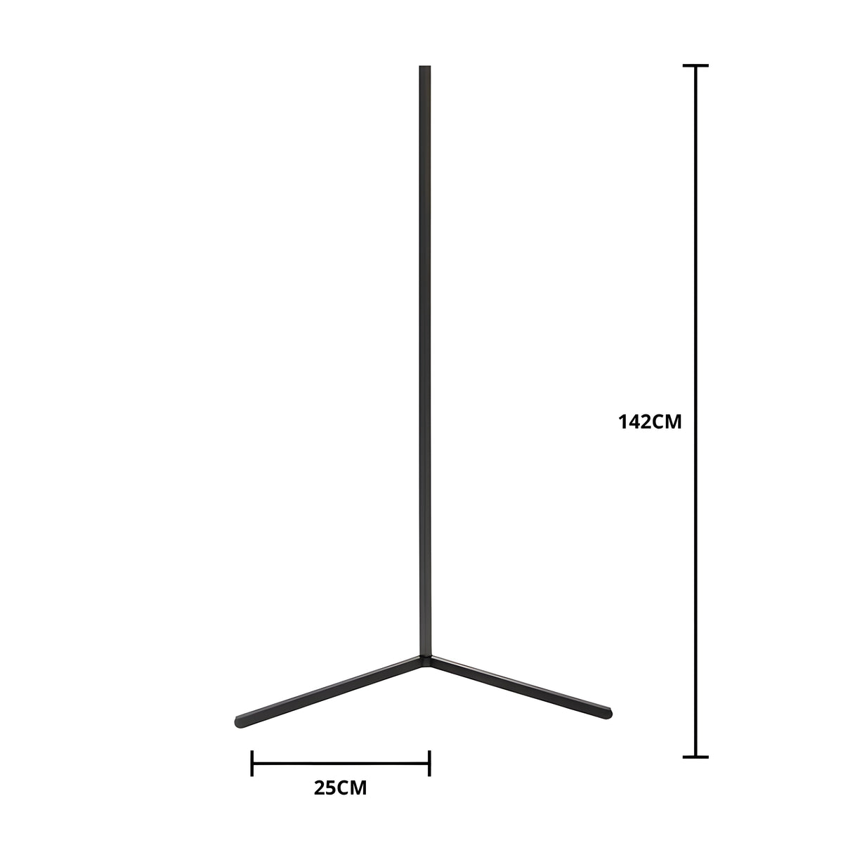 Black corner floor lamp on a plain background with lines marking its height of 142 cm and foot length of 25 cm. 11