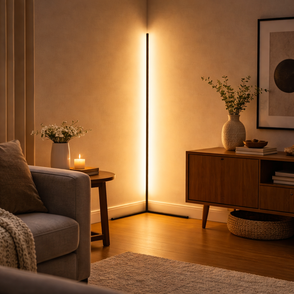 Lit corner floor lamp glowing warm white in a living room corner beside a side table, sideboard and sofa. 2