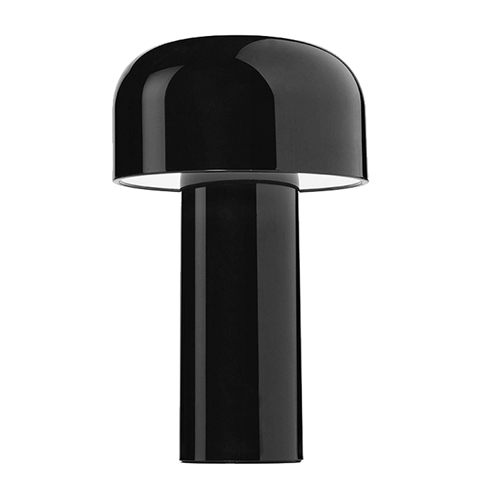 Glossy black mushroom-shaped lamp with a domed shade, shown unlit against a plain white background 26