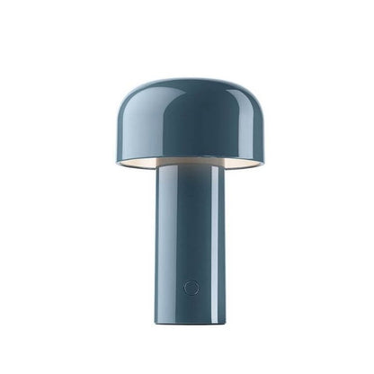 Glossy blue-grey mushroom lamp on a white background, with a round button near the base 4