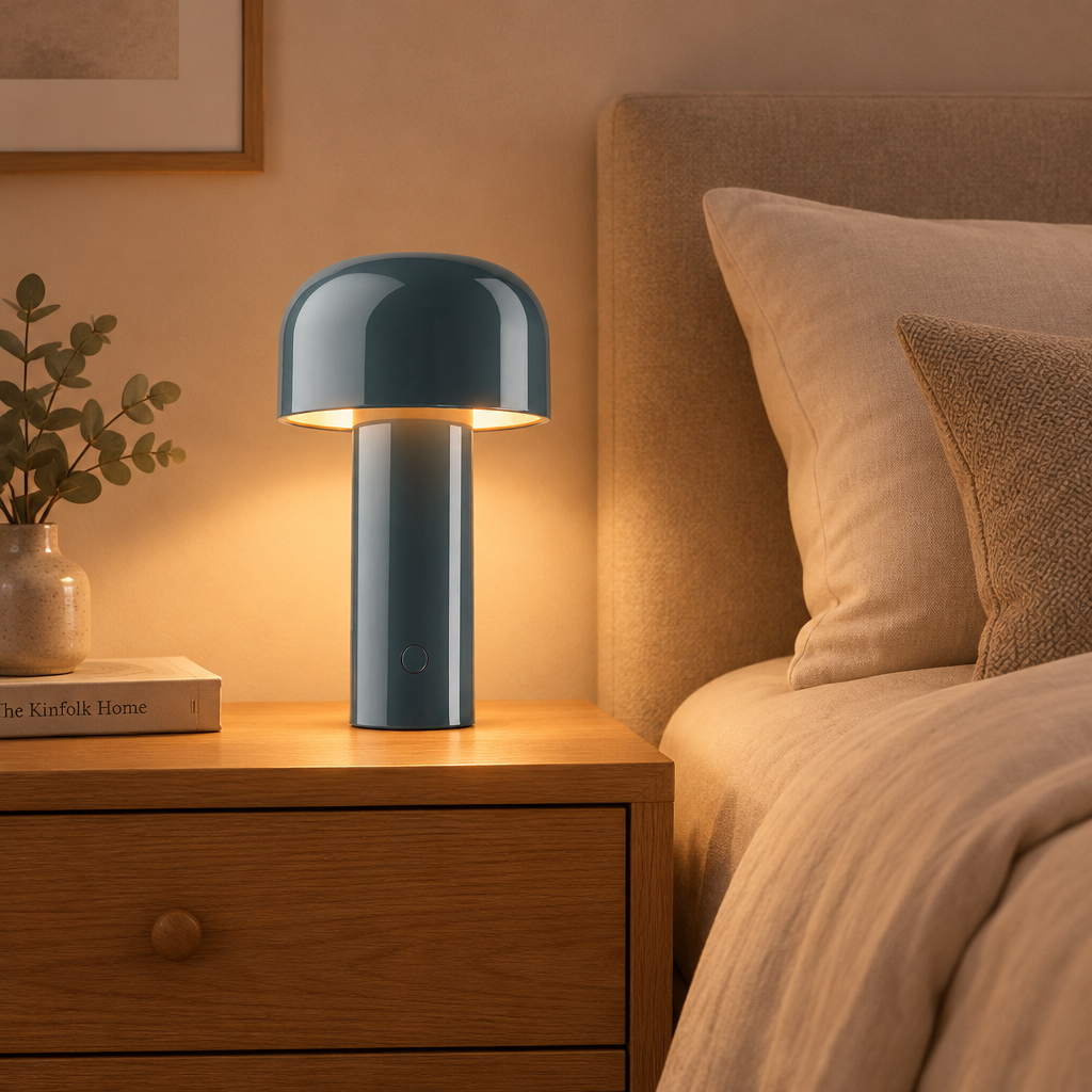 Glowing slate-blue mushroom-shaped lamp on a wooden bedside table beside a bed and vase 1